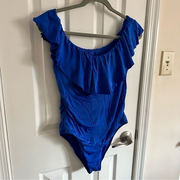 Trina Turk Women’s Monaco Off The Shoulder Ruffle One Piece Swim Blue Size 12 - Picture 3 of 10
